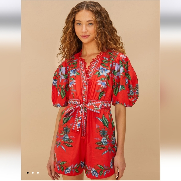 Farm Rio Red Sweet Bloom Bouquet Organic Cotton Romper - Picture 1 of 5